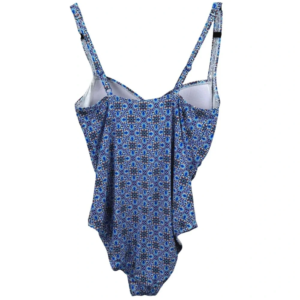 Niptuck Swim One Piece Swimsuit Women 10 Blue Geometric Ruched Tummy Control Cup